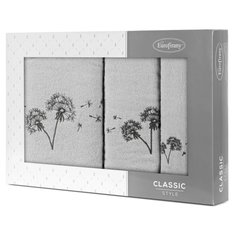 Zestaw ręczników bawełnianych 3 szt kolor srebrny, stalowy z haftem dmuchawca 400 g/m2 MOLI Eurofirany