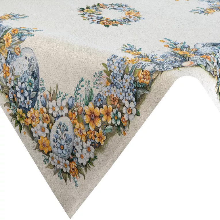 Wielkanocny obrus naturalno, niebieski 100x100 cm gobelinowy zdobiony tkanym motywem świątecznym Eurofirany