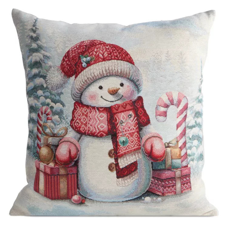Poszewka na poduszkę świąteczna 45x45 gobelinowa popielato, czerwona zdobiona nadrukiem bałwana