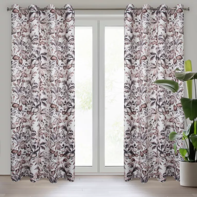 Zasłona biało, brązowa z welwetu z motywem malowanych liści i kwiatów 140x250 cm przelotka HANA Eurofirany