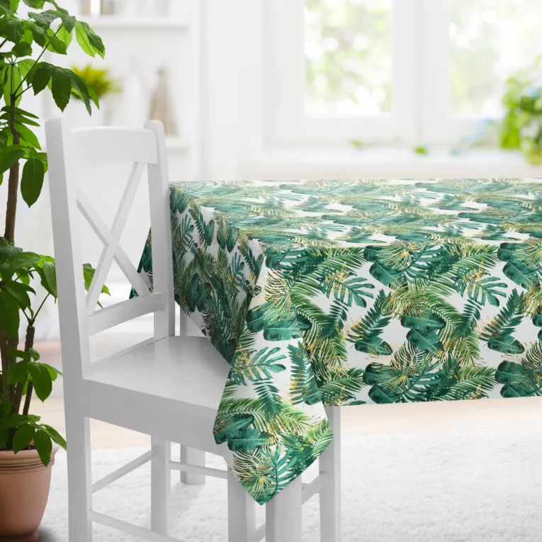 Obrus szyty biało zielony miękka, welwetowa, z błyszczącym nadrukowanym motywem botanicznym