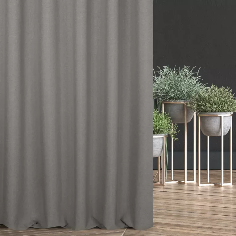 Zasłona szyta na taśmie fala szarobeżowa ze strukturalnej tkaniny typu blackout, zaciemniająca w 100%