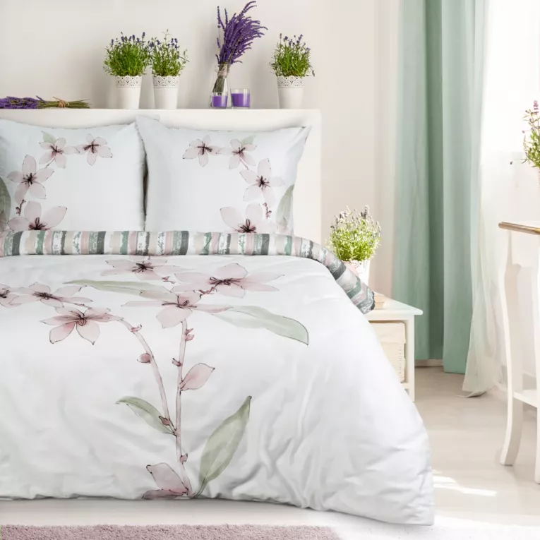 Pościel 220x200 cm bawełniana kolor biały, pudrowy z wzorem roślinnym BIANCA Eurofirany Premium