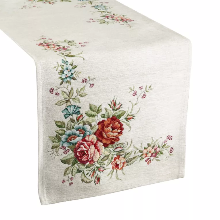 Bieżnik na stół 40x100 cm z grubszej tkaniny gobelinowej z nicią szenilową z motywem kwiatów