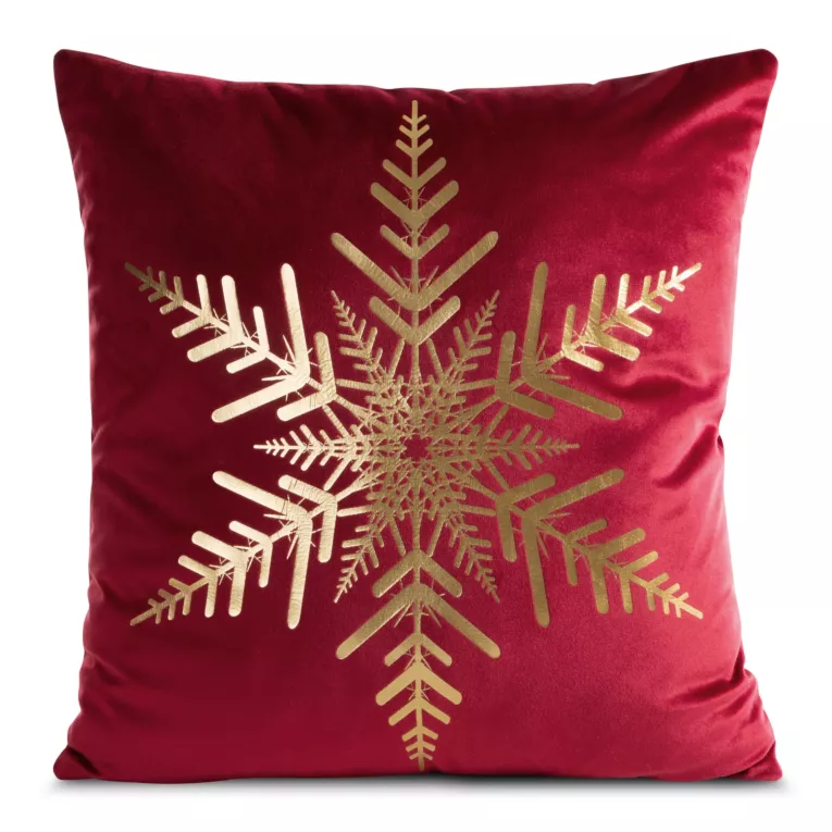 Poszewka na poduszkę 45x45 cm welwetowa zdobiona śnieżynkami czerwono, szampańska JOY Eurofirany