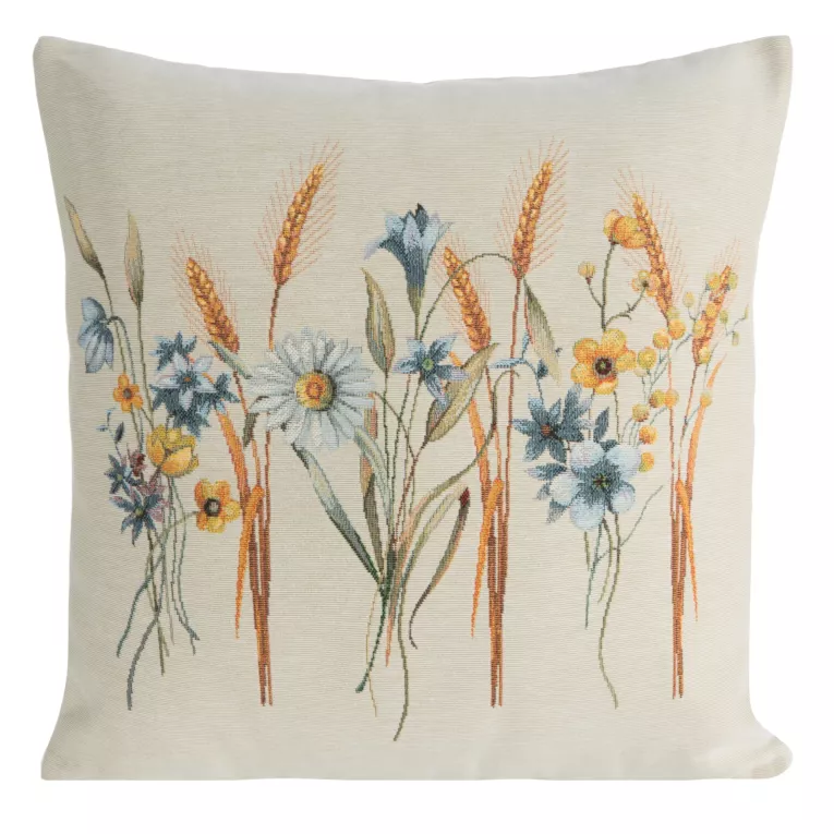 Poszewka na poduszkę 45x45 cm bawełniana, gobelinowa z kwiatowym motywem naturalno, błękitna GOB Eurofirany
