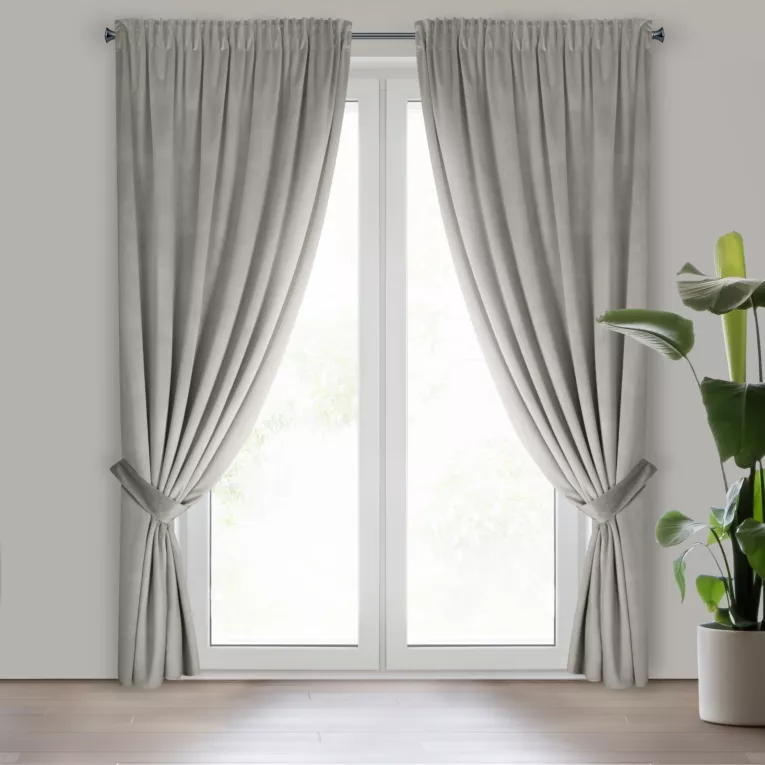 Zasłona popielata z tkaniny welwetowej, troczek w zestwie 140x300 cm taśma + troczek ANTARA Eurofirany