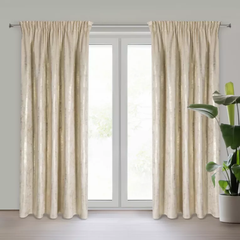 Zasłona jasnobeżowo, złota zdobiona błyszczącym przecieranym wzorem z welwetu 140x270 cm taśma RENIA Eurofirany