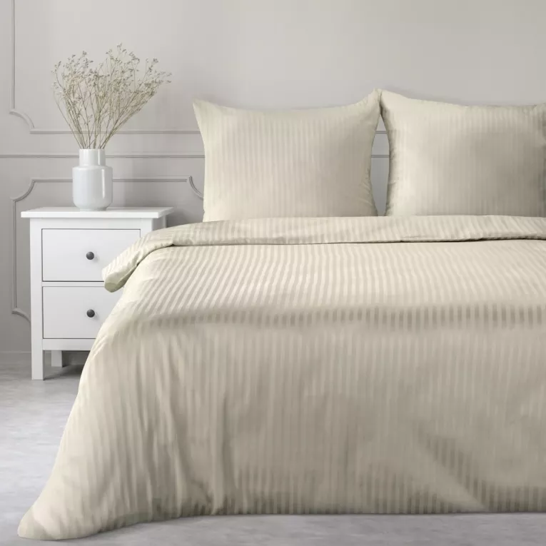 Pościel 140x200 cm satyna bawełniana kolor beżowy w drobne prążki VERA Eurofirany