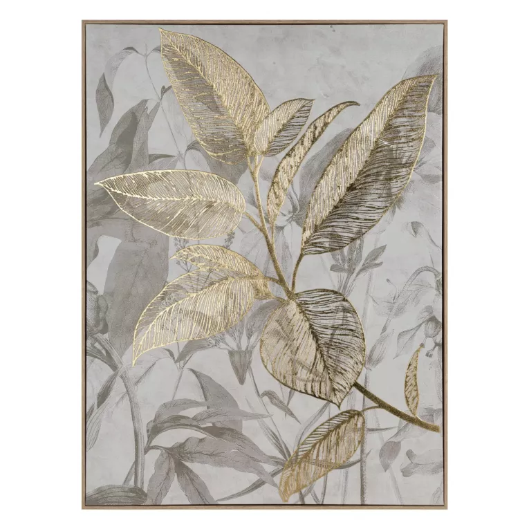 Obraz beżowo, złoty nadruk na płótnie z motywem liści 60x80 cm Eurofirany