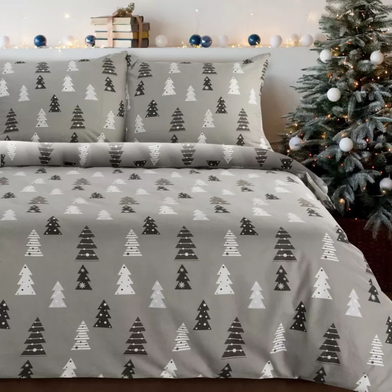 Pościel świąteczna 160x200 cm z bawełny flanelowej, kolor stalowy, biały z nadrukiem drobnych choinek LENON Eurofirany