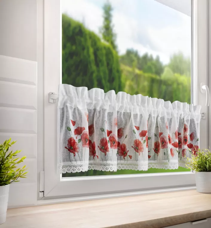 Zazdrostka biało, czerwona z etaminy w stylu sielankowym w kwiaty maków 150x30 cm tunel MARI Eurofirany