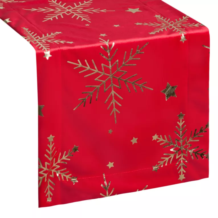 Bieżnik świąteczny 40x140 cm czerwono, szampański welwetowy zdobiony błyszczącym nadrukiem Eurofirany