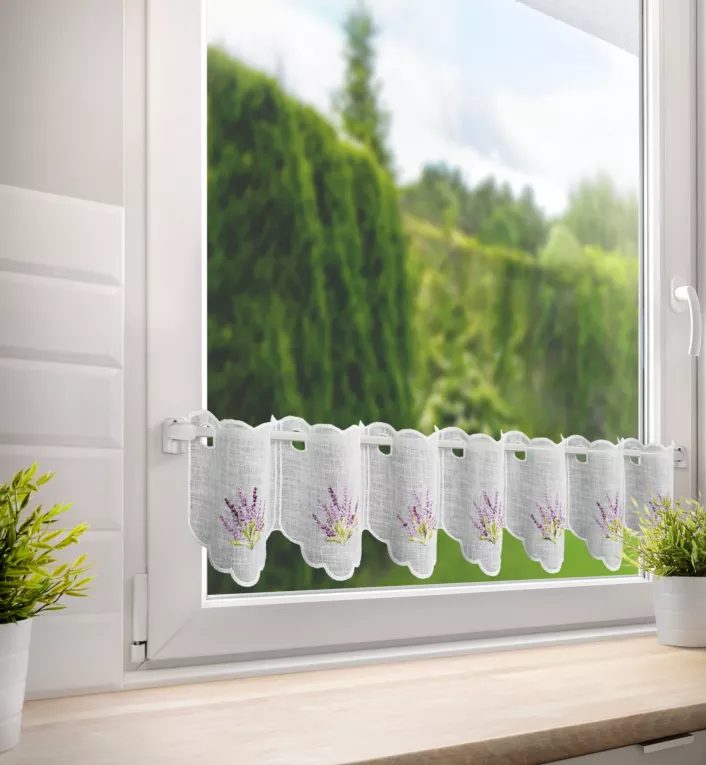 Tkanina firanowa zazdrostka z etaminy zdobiona haftem lawendy Eurofirany