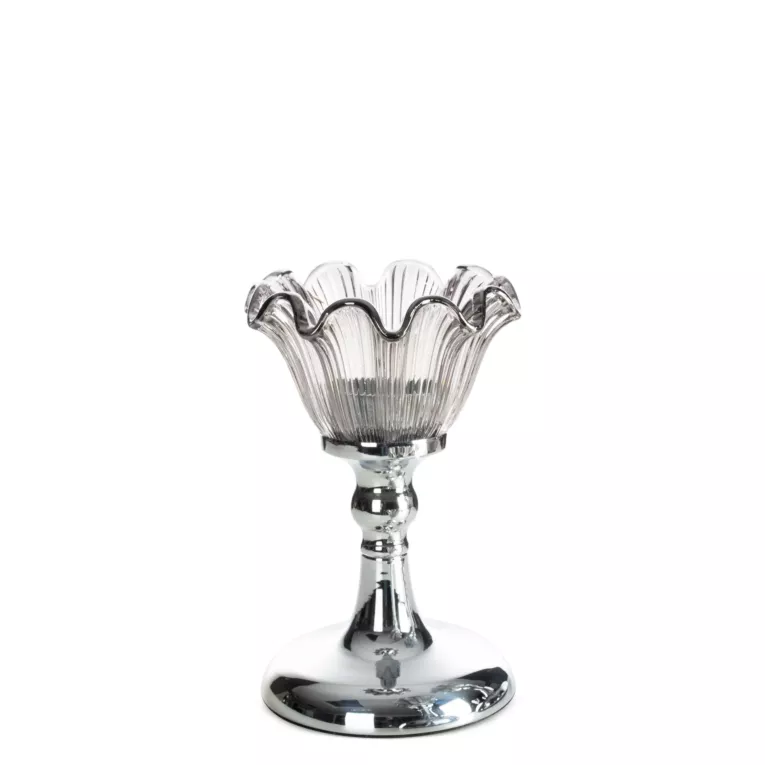 Świecznik dekoracyjny srebrno, grafitowy o szklanej kwiatowej formie średnica 11x17 cm ADENA Eurofirany