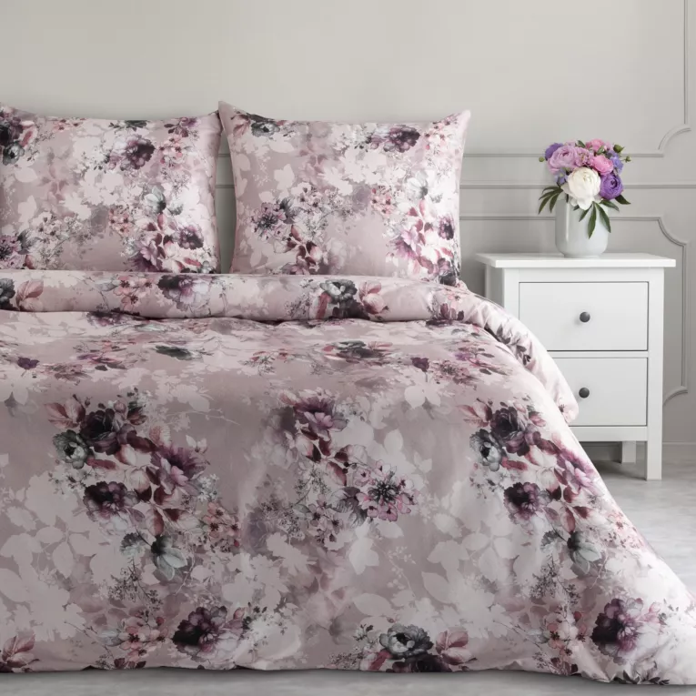 Pościel 220x200 cm z makosatyny bawełnianej kolor pudrowy, fioletowy z motywem kwiatów REINA 51 Eurofirany