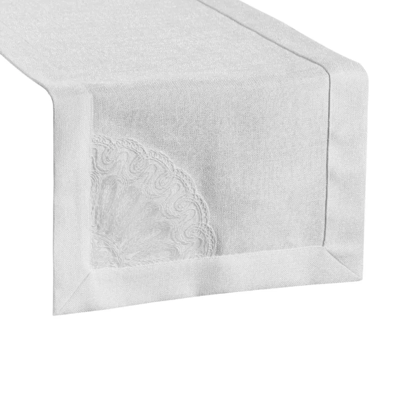 Bieżnik na stół biały 40x140 ELEN zdobiony ozdobną kantą i haftowaną koronką EUROFIRANY PREMIUM