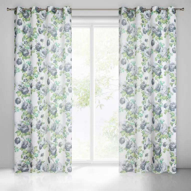 Zasłona biało, zielona ze wzorem kwiatowym z etaminy 140x250 cm przelotka MONA Eurofirany