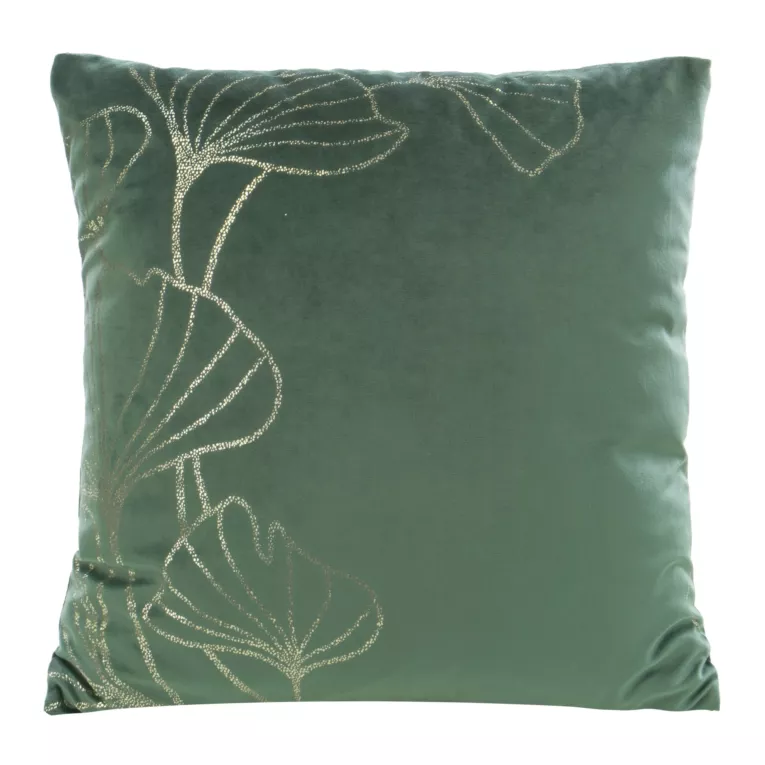 Poszewka na poduszkę 45x45 cm welwetowa z nadrukiem liści miłorzębu ciemnozielono, złocista BLINK Eurofirany