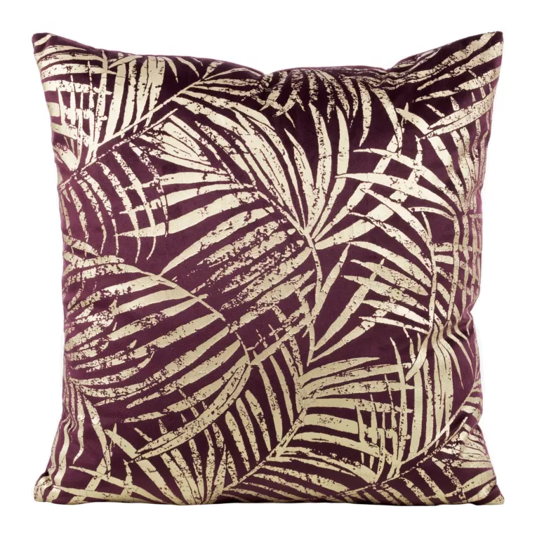 Poszewka na poduszkę 45x45 cm welwetowa ze złocistym nadrukiem botanicznych liści fioletowa BLINK 26 Eurofirany