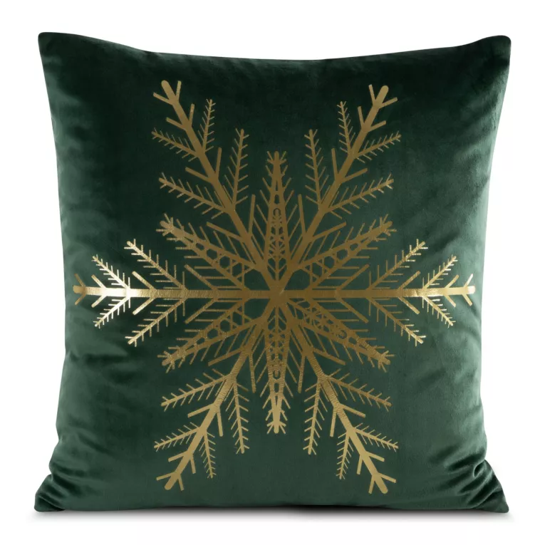 Poszewka na poduszkę 45x45 cm welwetowa zdobiona śnieżynkami zielono, złota JOY Eurofirany