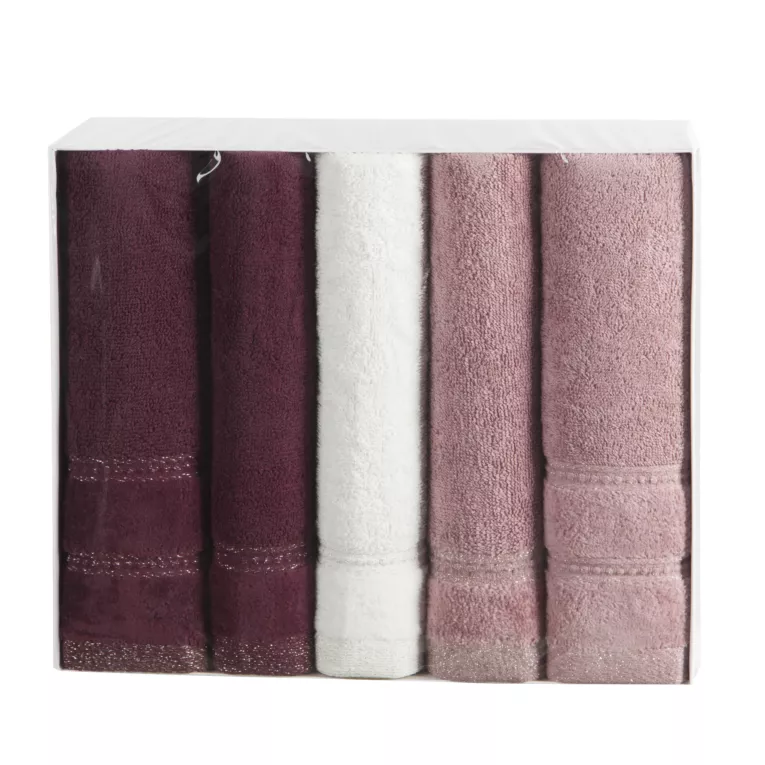 Zestaw ręczników bawełnianych na prezent 3 szt 30x50 cm, 2 szt 50x90 cm kolor bordowy, liliowy Eurofirany