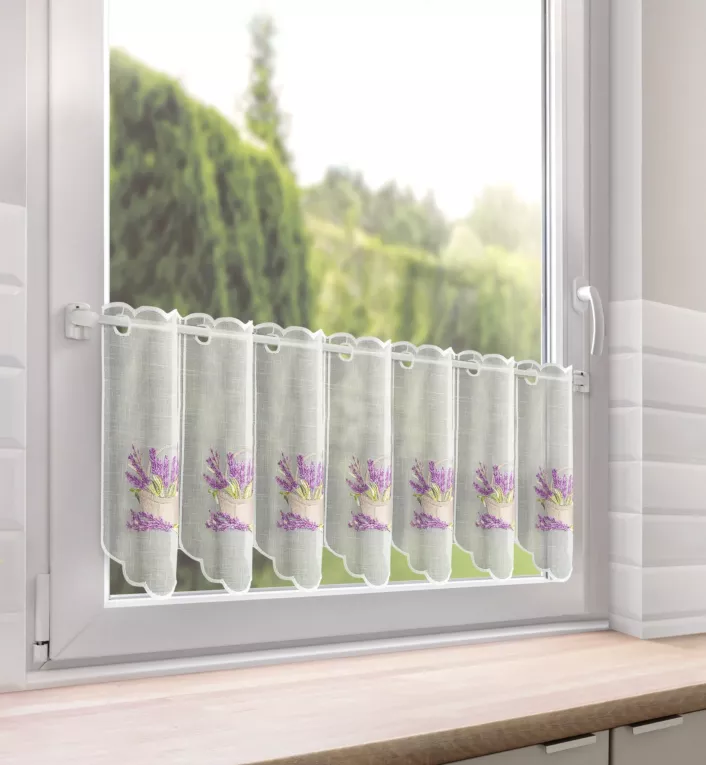 Tkanina firanowa zazdrostka z etaminy zdobiona haftem lawendy Eurofirany