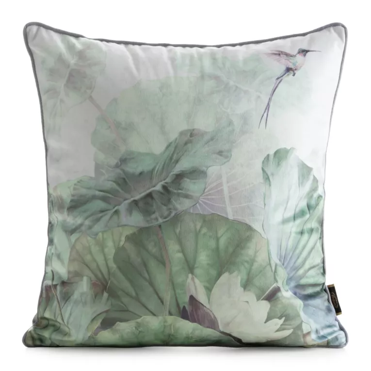 Poszewka na poduszkę 45x45 cm welwetowa zdobiona egzotycznym nadrukiem zielono, srebrna VELVET 194 EUROFIRANY PREMIUM