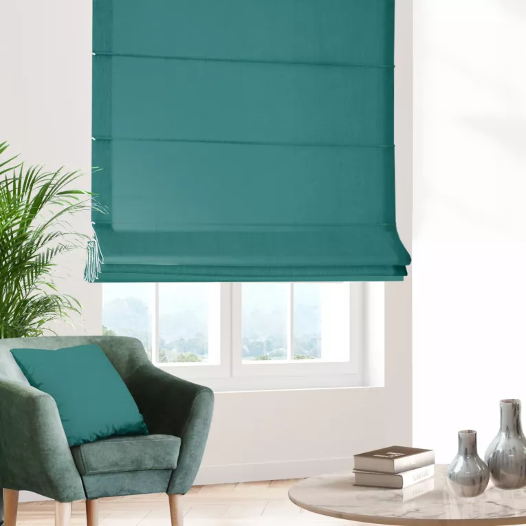 Roleta rzymska jasnoturkusowa o naturalnym, gęstym splocie w stylu eko