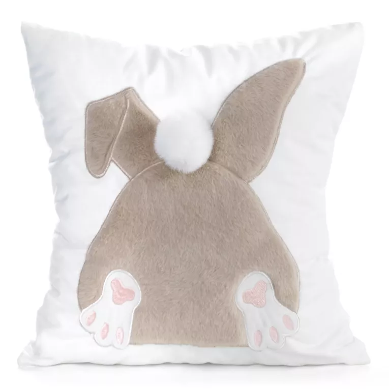 Wielkanocna poszewka na poduszkę 45x45 cm welwetowa z uroczym zajączkiem biało, beżowa WIOSNA 129 Eurofirany