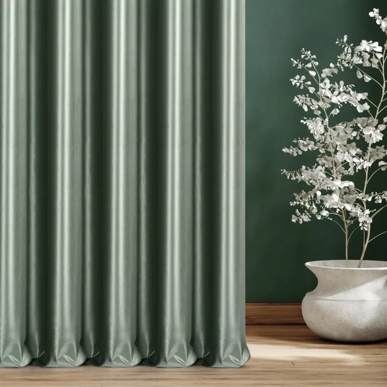 Zasłona szyta na taśmie fala miętowa z miękkiej półmatowej tkaniny welwetowej