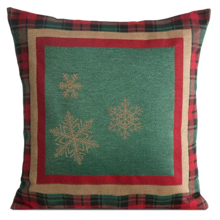 Poszewka na poduszkę 45x45 cm bawełniana, gobelinowa z motywem kraty i złotych śnieżynek zielona STAR Eurofirany