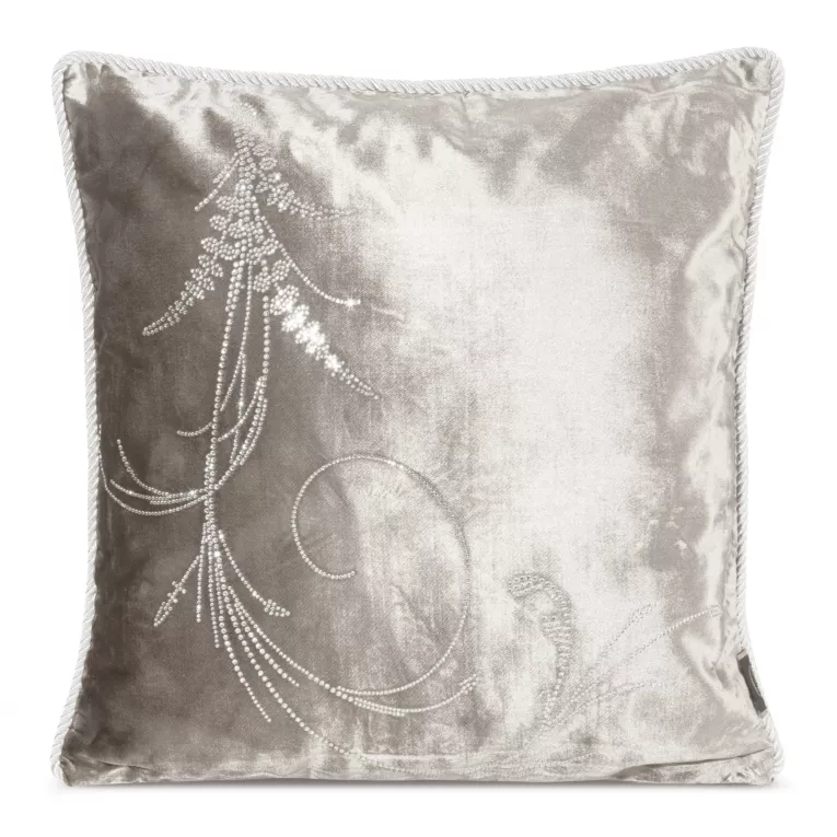 Poszewka na poduszkę 45x45 cm welwetowa zdobiona wzorem z kryształków i srebrnym sznurem na brzegach beżowa ROYAL 10 Eurofirany