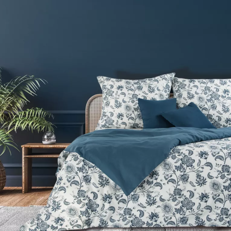 Pościel 160x200 bawełniana kolor biały, niebieski z kwiatowym wzorem PALERMO 2 Terra Collection Eurofirany