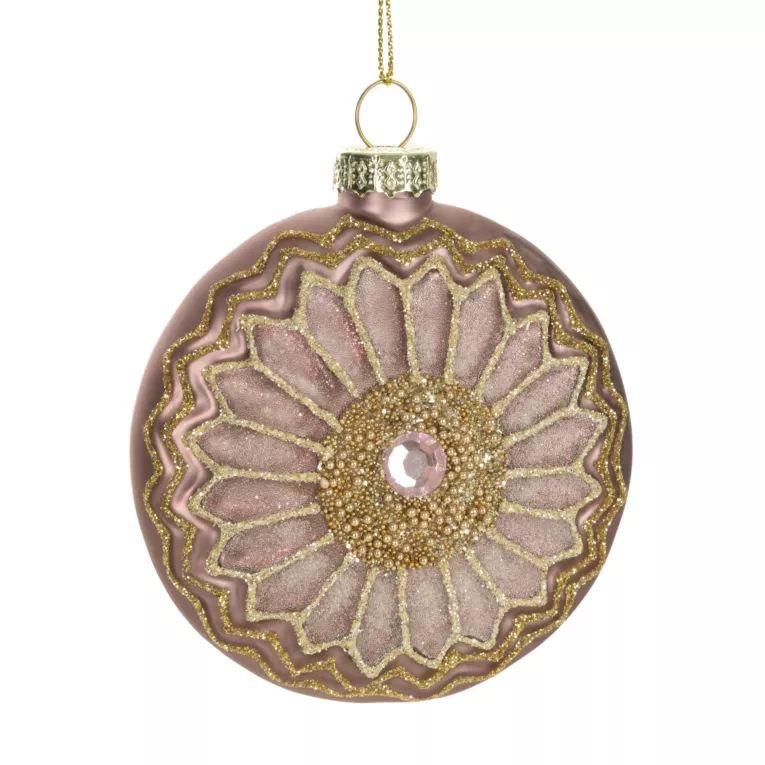 Różowa szklana bombka choinkowa w kształcie medalionu ozdobiona uroczym kwiatkiem z kryształkiem w środku 8 cm Eurofirany