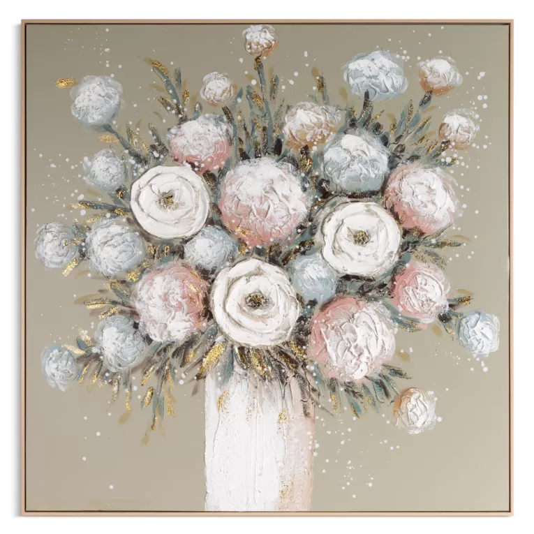 Obraz kremowo, beżowy ręcznie malowany z motywem kwiatów oprawiony w ramę 102x102 cm Eurofirany