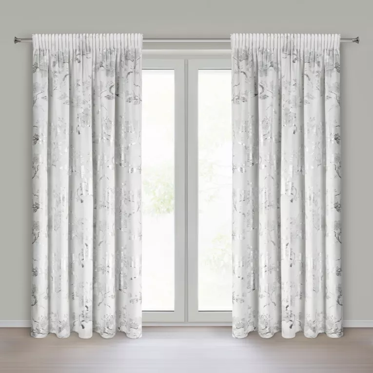 Zasłona biało, srebrna zdobiona nadrukiem błyszczących kwiatów 140x270 cm taśma - CELIA Eurofirany