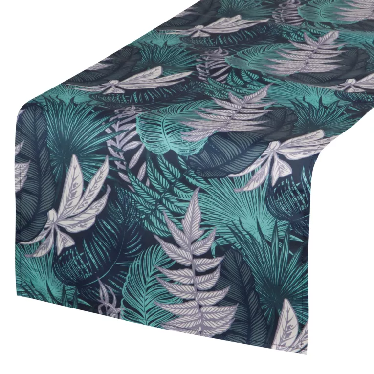 Bieżnik na stół granatowo, turkusowy 40x180 cm wodoodporny GARDEN na taras oraz balkon z motywem botanicznym