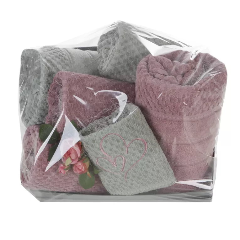 Zestaw ręczników bawełnianych na prezent 2 szt 30x50 cm, 2 szt 50x90 cm, 2 szt 70x140 cm kolor ciemnoróżowy, miętowy z subtelnym haftowanym serduszkiem Eurofirany