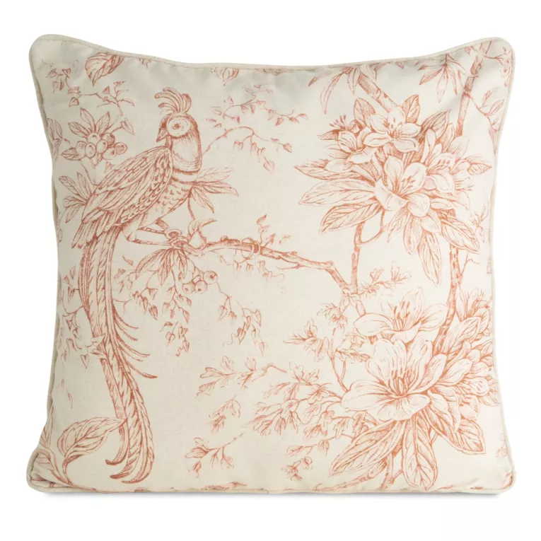 Poszewka na poduszkę 50x50 cm bawełniana z dodatkiem lnu zdobiona nadrukiem roślinnym kremowo, pudrowa LEN Eurofirany