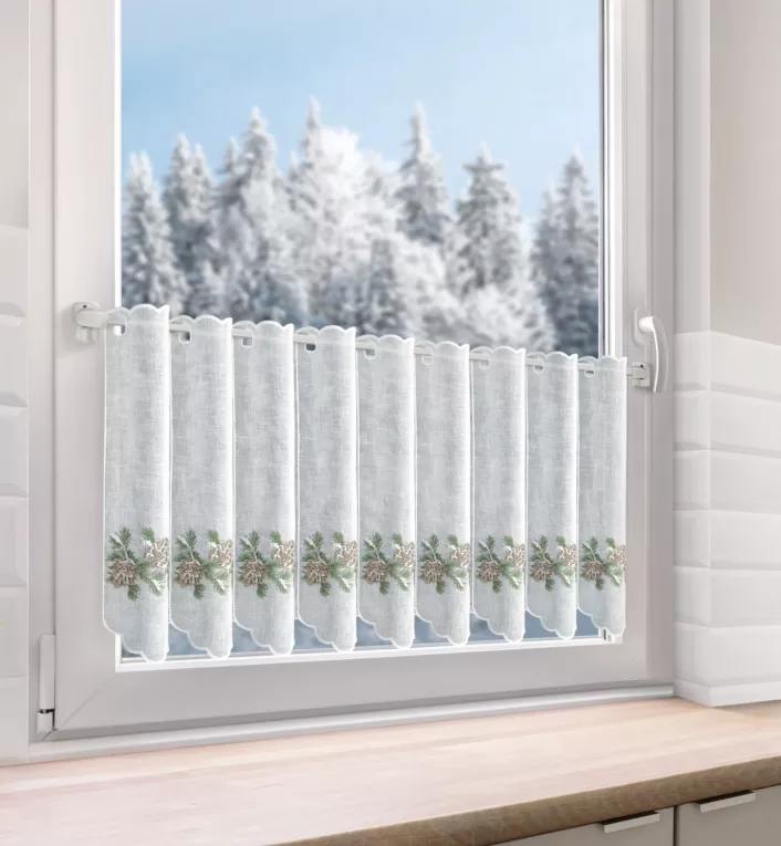 Tkanina firanowa zazdrostka zdobiona świątecznym haftem z zimowym akcentem Eurofirany
