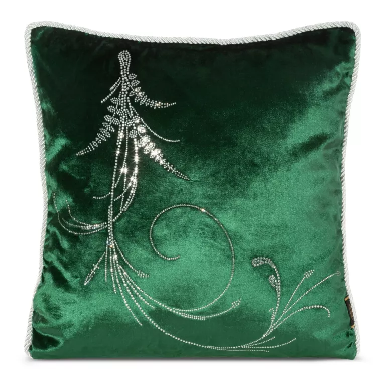 Poszewka na poduszkę 45x45 cm welwetowa zdobiona wzorem z kryształków i srebrnym sznurem na brzegach ciemnozielona ROYAL 10 Eurofirany