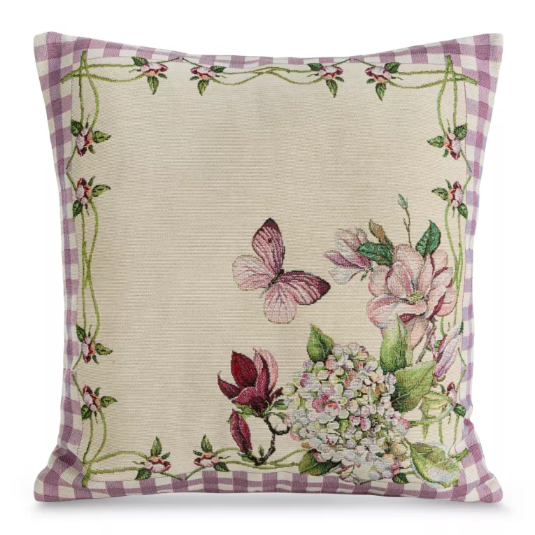 Poszewka na poduszkę 45x45 cm bawełniana gobelinowa z kwiatowym motywem beżowo, różowa GOB Eurofirany