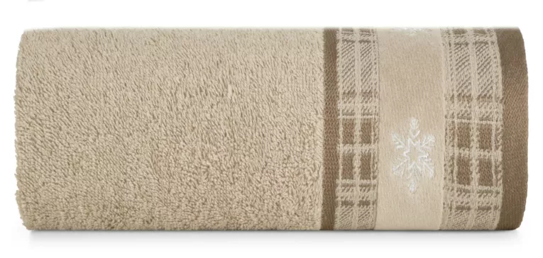 Ręcznik kąpielowy świąteczny 50x90 cm bawełniany kolor jasnobeżowy z żakardową bordiurą i haftowanymi śnieżynkami 480 g/m2 HOLLY Eurofirany