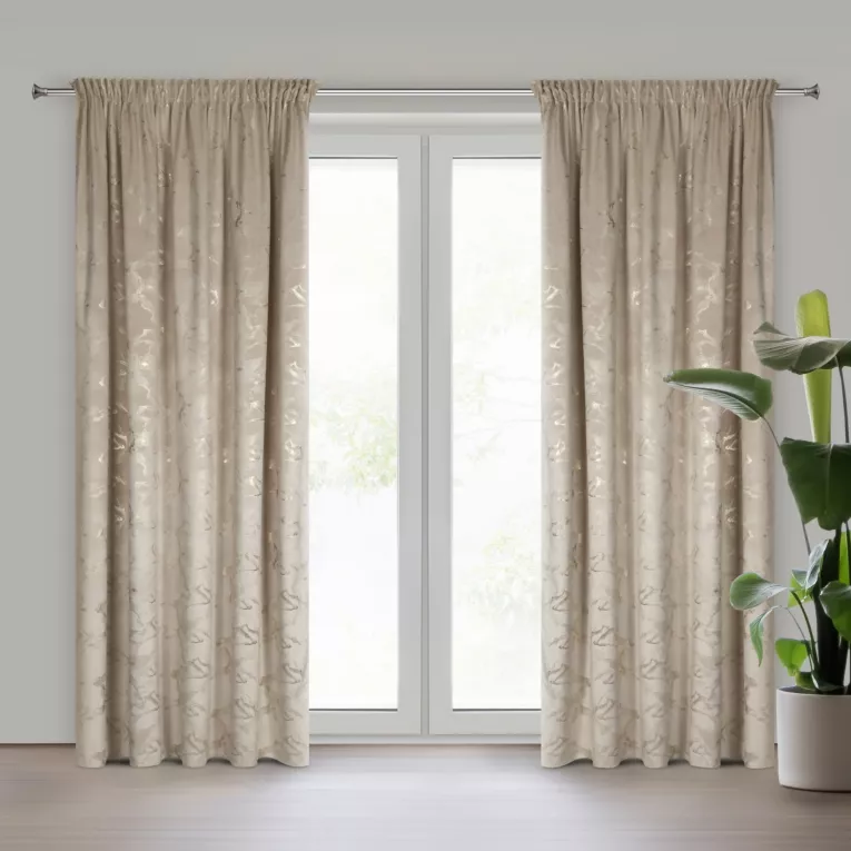 Zasłona beżowo, szampańska welwetowa zdobiona błyszczącym nadrukiem 140x270 cm taśma - RAJA Eurofirany