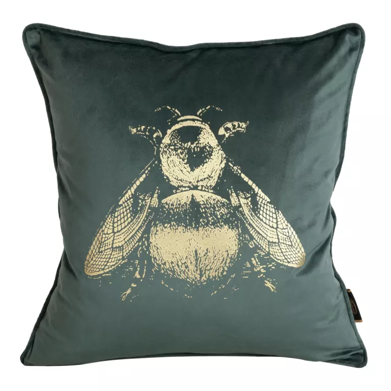 Poszewka na poduszkę 45x45 cm welwetowa dwustronna z nadrukiem złocistej pszczoły, tył z tkaniny o strukturze lnu miętowa BLINK 41 Eurofirany