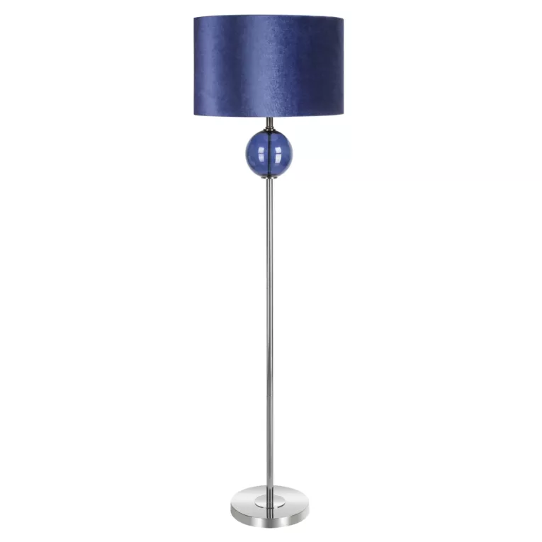 Lampa stojąca pokoju granatowa IRIS na metalowej podstawie ze szklaną turkusową bombką i welwetowym abażurem Eurofirany