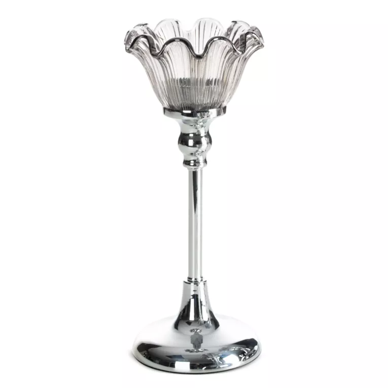 Świecznik dekoracyjny srebrno, grafitowy o szklanej kwiatowej formie średnica 11x27 cm ADENA Eurofirany