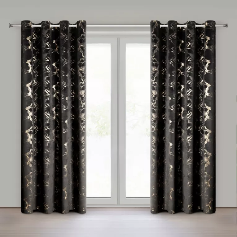 Zasłona czarno, szampańska welwetowa zdobiona błyszczącym nadrukiem 140x250 cm przelotka - RAJA Eurofirany