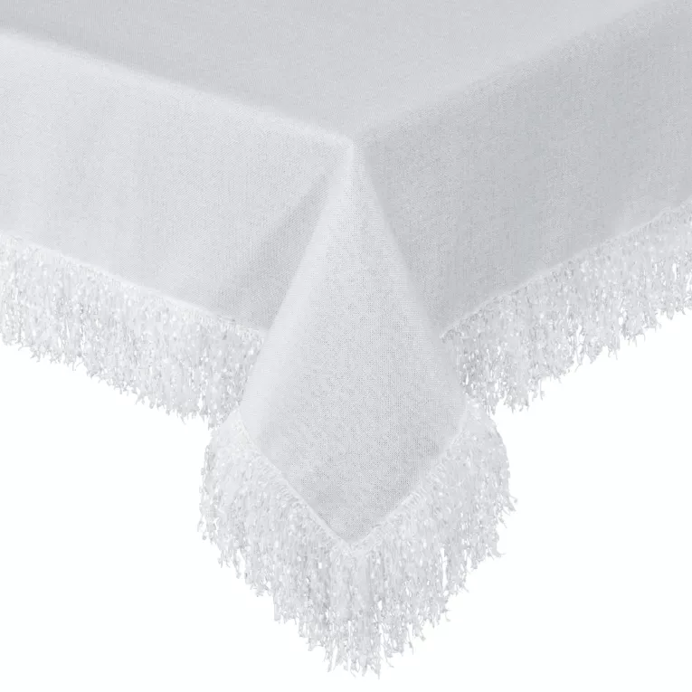 Obrus biały 140x260 cm JASPER zdobiony puszystymi frędzlami EUROFIRANY PREMIUM